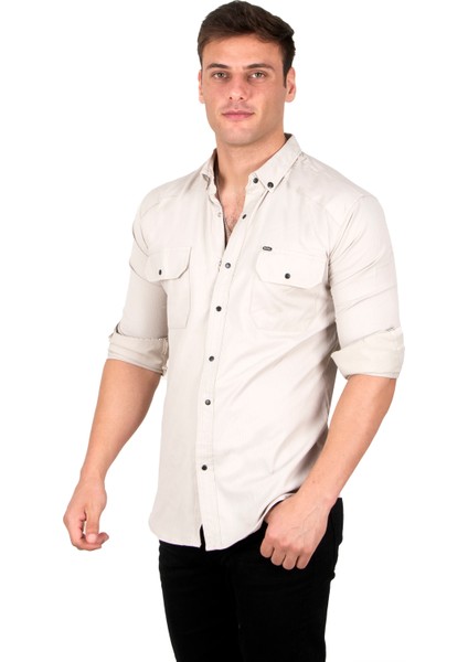 Likralı Ince Fitilli Çıtçıtlı Çift Cepli Kot Gömlek 2300421