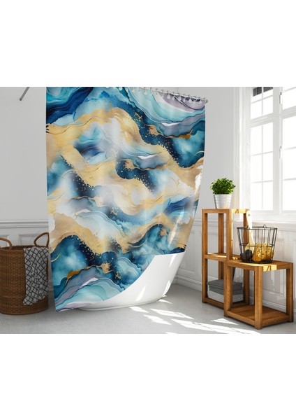 Banyo Duş Perdesi Mermer Desen Renkli Dijital Baskılı Banyo Perdesi, Tek Kanat C HALKALI-180X200 cm
