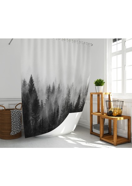 Banyo Duş Perdesi Sisli Orman Desen Dijital Baskılı Banyo Perdesi, Tek Kanat C HALKALI-180X200 cm
