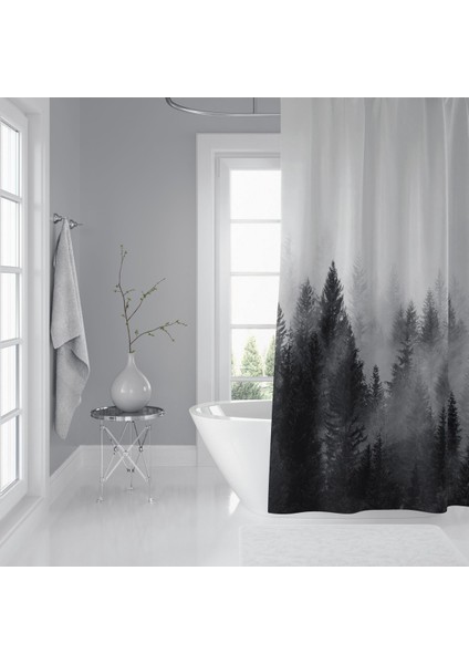 Banyo Duş Perdesi Sisli Orman Desen Dijital Baskılı Banyo Perdesi, Tek Kanat C HALKALI-180X200 cm modelleri