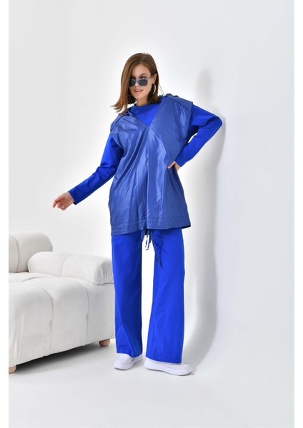 Kadın İki İp Paraşüt Detaylı Takım Saks Mavi 30624