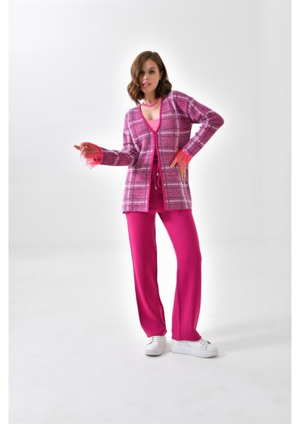 Kadın Kuş Tüyü Detaylı Pantolonlu Takım Fuşya 20572 modelleri