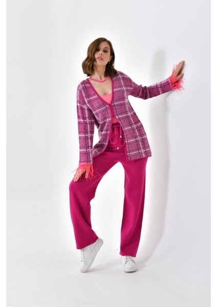 Kadın Kuş Tüyü Detaylı Pantolonlu Takım Fuşya 20572 fırsatları