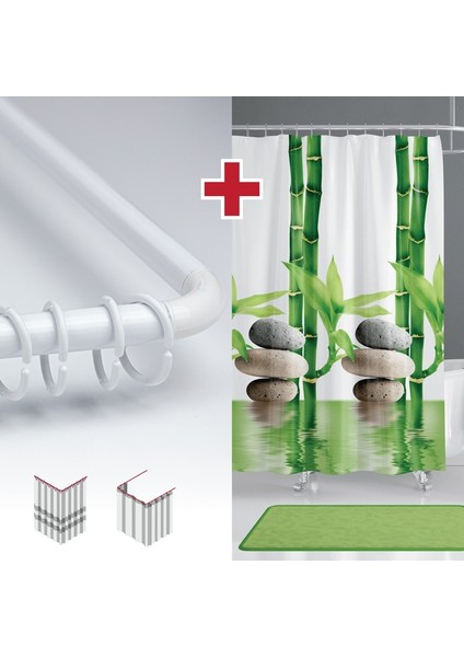Bamboo Desen Banyo Perdesi Askı Hediyeli 180X200CM Tek Kanat Yeşil Duş Perdesi, L Boru Hediyeli