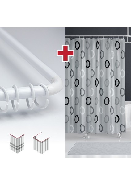 Geometrik Gri Desen Banyo Perdesi Askı Hediyeli 180X200CM Tek Kanat Duş Perdesi, L Boru Hediyeli