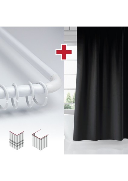 Siyah Renk Banyo Perdesi Askı Hediyeli 180X200CM Tek Kanat Duş Perdesi, L Boru Hediyeli