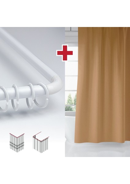 Bej Renk Banyo Perdesi Askı Hediyeli 180X200CM Tek Kanat Duş Perdesi, L Boru Hediyeli