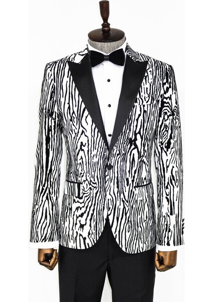 Slim Fit Zebra Desen Beyaz Erkek Smokin Ceket