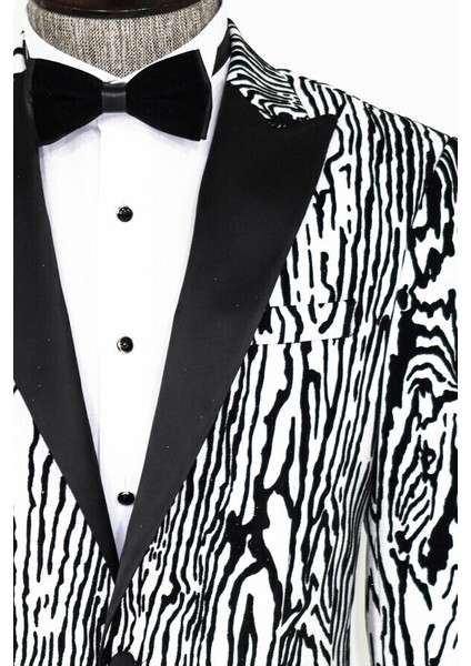 Slim Fit Zebra Desen Beyaz Erkek Smokin Ceket