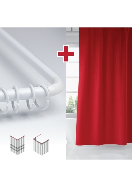 Kırmızı Renk Banyo Perdesi Askı Hediyeli 180X200CM Tek Kanat Duş Perdesi, L Boru Hediyeli