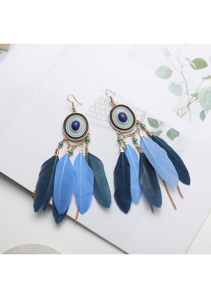 Kadın Sahte Tüy Küpe Bohemian Saçak Püskül Uzun Damla Dangle Küpe Seti Boho Hint Takı Kadın Kızlar Için (Yurt Dışından)