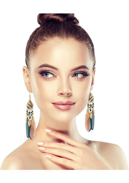 Kadın Sahte Tüy Küpe Bohemian Saçak Püskül Uzun Damla Dangle Küpe Seti Dream Catcher Tasarım ile Kadın Kızlar Için (Yurt Dışından) modelleri