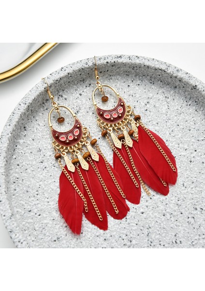 Hilal Boho Ahşap Boncuk Tüy Küpe, Kadınlar Için Saçak Uzun Damla Küpe, Zincir Uzun Kanca Küpe (Yurt Dışından) fiyatları