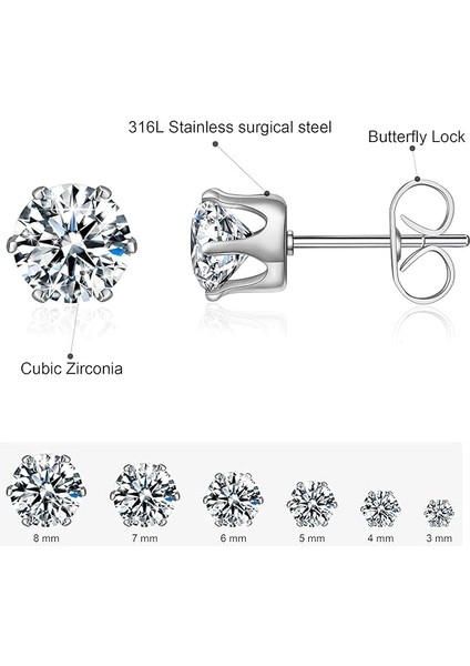 6 Çift Damızlık Küpe Seti, Temizle Kübik Zirkonya 316L Paslanmaz Çelik Küpe Kadınlar Için Erkekler Için 3-8mm (Yurt Dışından) fiyatları