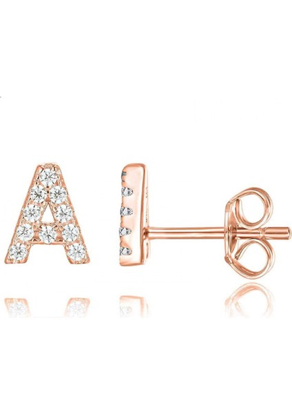 S925 Gümüş Zirkon Saplama Küpe 26 Ingilizce Harf Zirkonyum Tam Elmas Küpe --- Gül Altın A (Yurt Dışından)