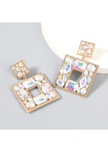 Küpeler Moda Renkli Elmas Serisi Alaşım Elmas Cam Elmas Çok Katmanlı Kare Küpeler Kadın Trend Parti, 1 Çift, Beyaz ve Altın (Yurt Dışından)
