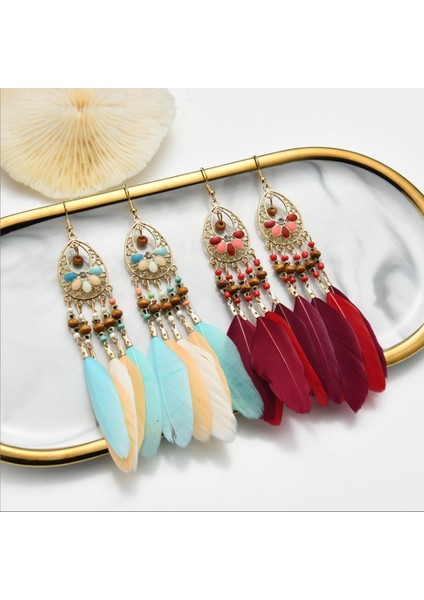 Çift Kadın Sahte Tüy Küpe Bohemian Saçak Püskül Uzun Damla Dangle Küpe Seti Dream Catcher Tasarımı ile Kadın Kızlar Için (Yurt Dışından)