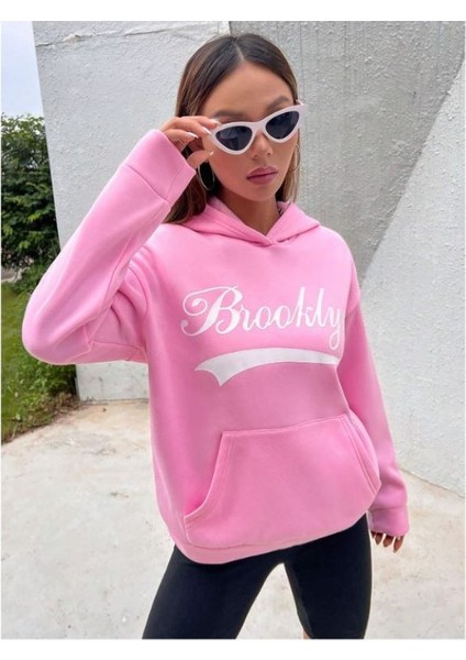 Kadın Pembe Brooklyn Baskılı Oversize Kapüşonlu Sweatshirt