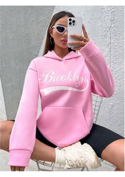 Kadın Pembe Brooklyn Baskılı Oversize Kapüşonlu Sweatshirt