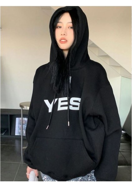 Kadın Siyah Yes No Baskılı Oversize Kapüşonlu Sweatshirt modelleri