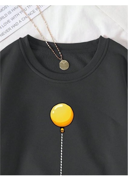 Unisex Siyah Astronaut With Balloons Düz Bisiklet Yaka Sweatshirt modelleri