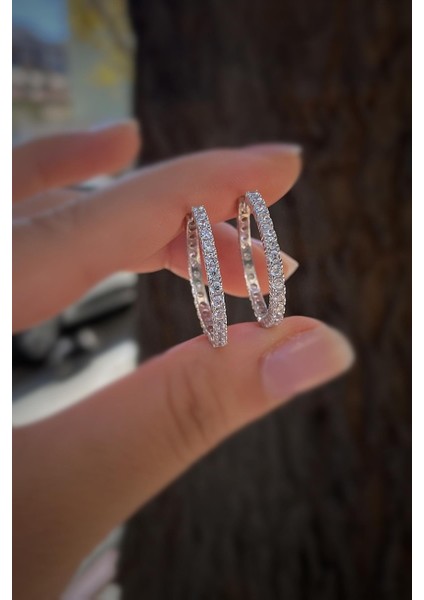 Gümüş Iç Çapı 20 mm 2 mm Taşlı Halka Küpe