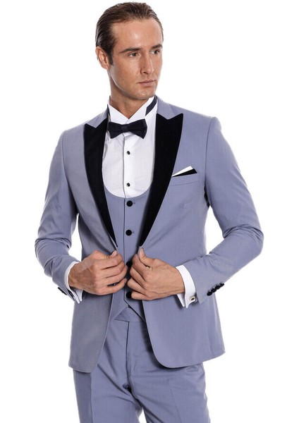 Kadife Yaka Slim Fit Açık Mavi Erkek Damatlık