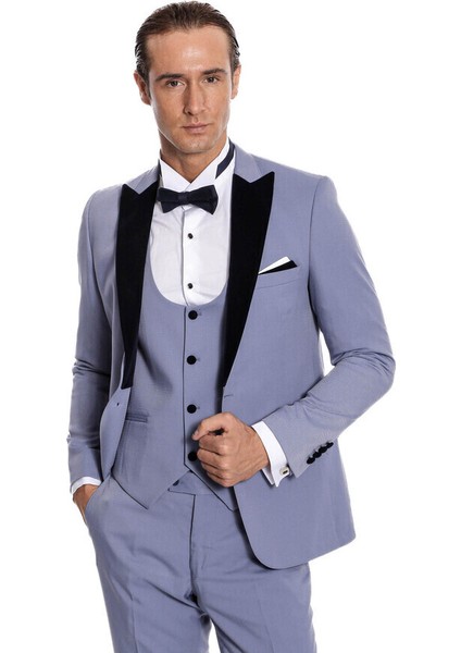 Kadife Yaka Slim Fit Açık Mavi Erkek Damatlık modelleri