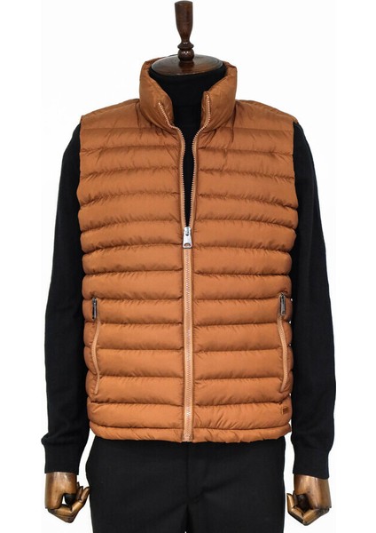 Kapitone Fermuarlı Açık Kahverengi Erkek Şişme Yelek