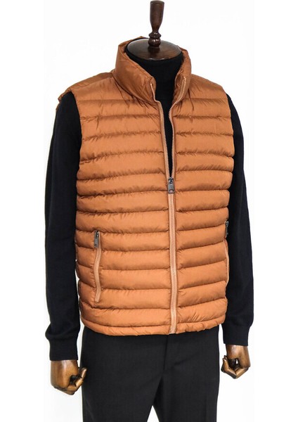 Kapitone Fermuarlı Açık Kahverengi Erkek Şişme Yelek modelleri