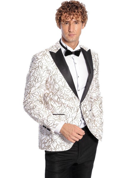 Işıltılı Sarmaşık Desenli Slim Fit Beyaz Erkek Smokin Ceket modelleri