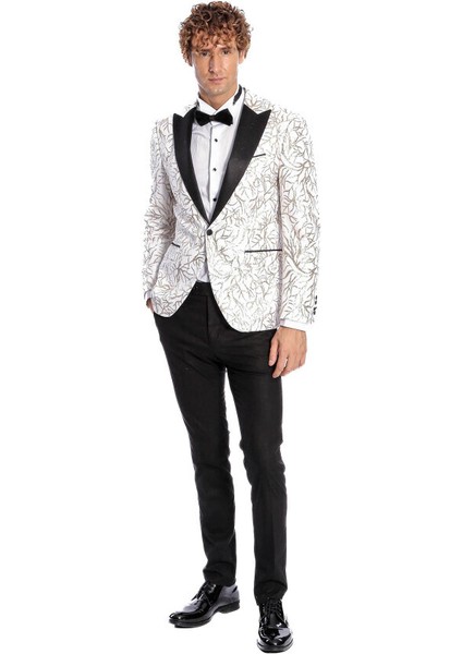 Işıltılı Sarmaşık Desenli Slim Fit Beyaz Erkek Smokin Ceket indirimleri