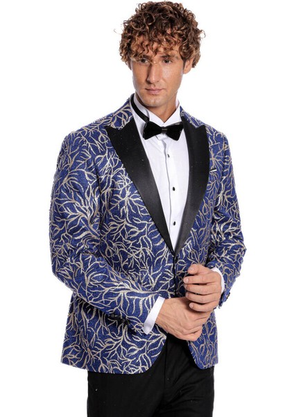 Işıltılı Sarmaşık Desenli Slim Fit Mavi Erkek Smokin Ceket