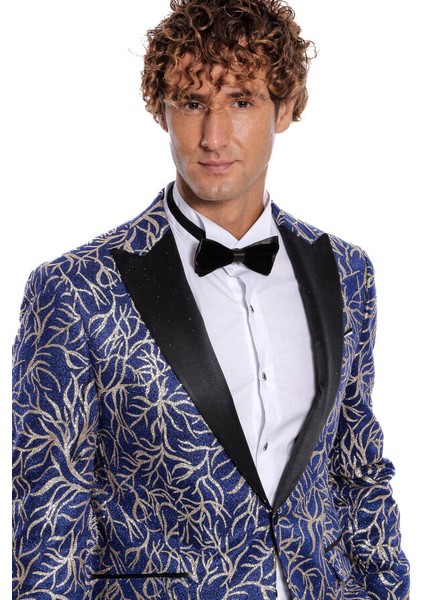 Işıltılı Sarmaşık Desenli Slim Fit Mavi Erkek Smokin Ceket