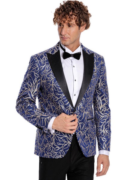 Işıltılı Sarmaşık Desenli Slim Fit Mavi Erkek Smokin Ceket