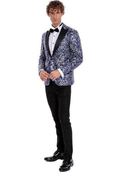 Işıltılı Sarmaşık Desenli Slim Fit Mavi Erkek Smokin Ceket