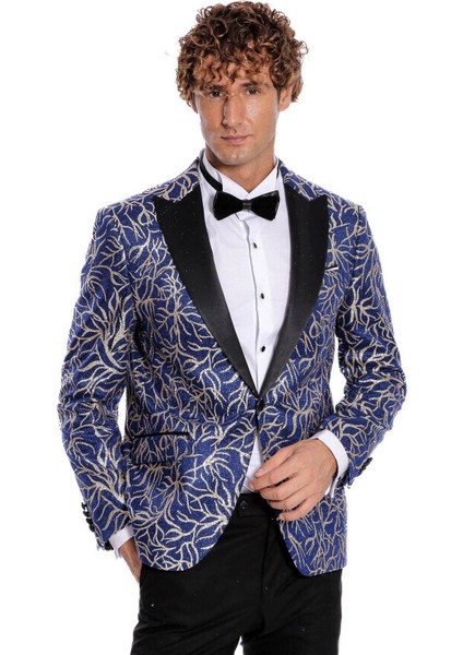 Işıltılı Sarmaşık Desenli Slim Fit Mavi Erkek Smokin Ceket