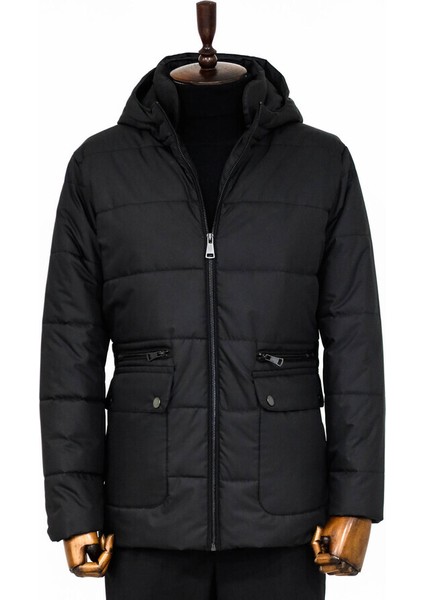 Slim Fit Kapüşonlu Siyah Erkek Şişme Mont