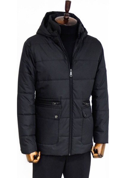 Slim Fit Kapüşonlu Siyah Erkek Şişme Mont