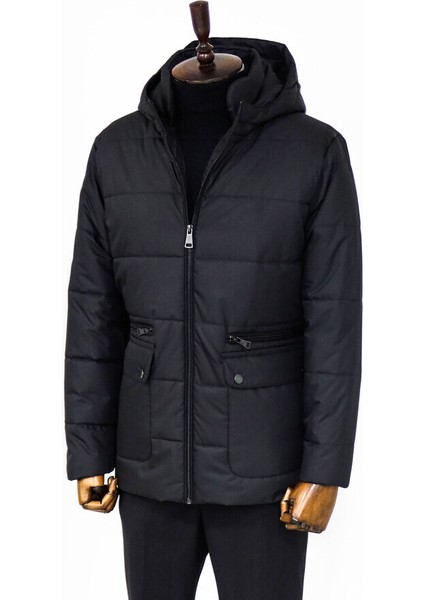 Slim Fit Kapüşonlu Siyah Erkek Şişme Mont