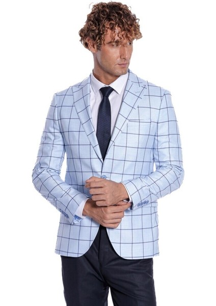 Kare Desenli Slim Fit Açık Mavi Erkek Ceket