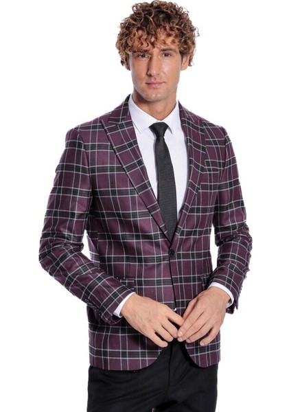 Slim Fit Sivri Yaka Mor Erkek Ceket