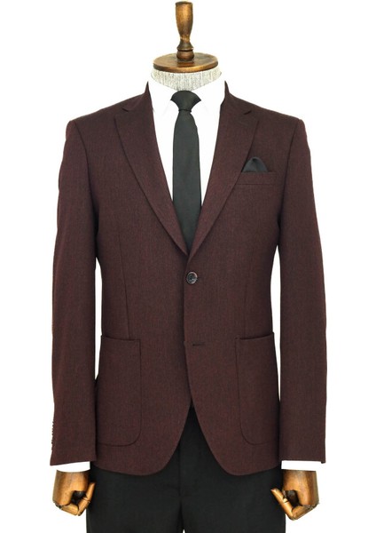 Kendinden Desenli Slim Fit Sivri Yaka Bordo Erkek Ceket