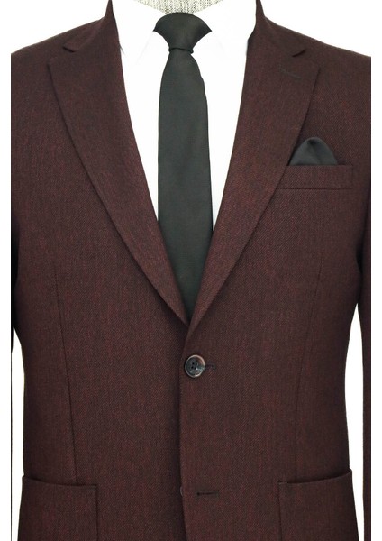Kendinden Desenli Slim Fit Sivri Yaka Bordo Erkek Ceket