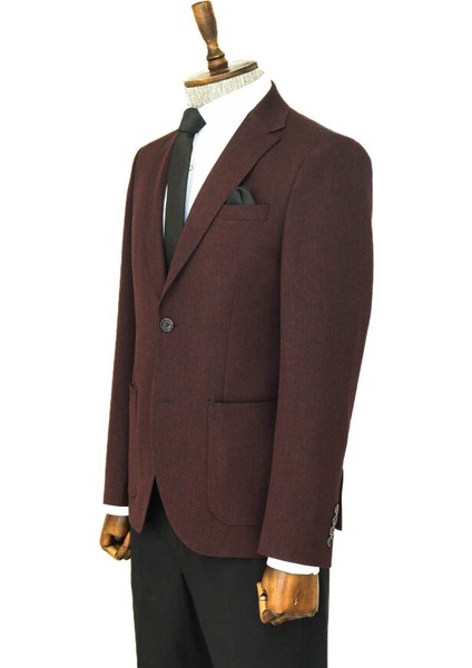 Kendinden Desenli Slim Fit Sivri Yaka Bordo Erkek Ceket