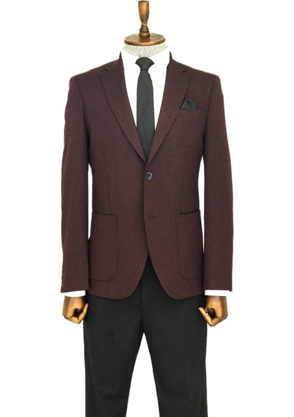 Kendinden Desenli Slim Fit Sivri Yaka Bordo Erkek Ceket