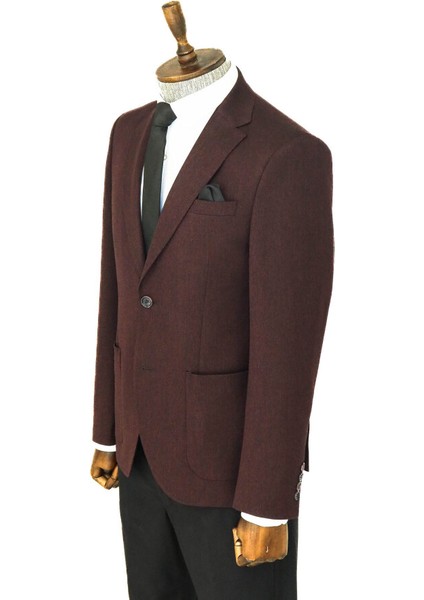Kendinden Desenli Slim Fit Sivri Yaka Bordo Erkek Ceket