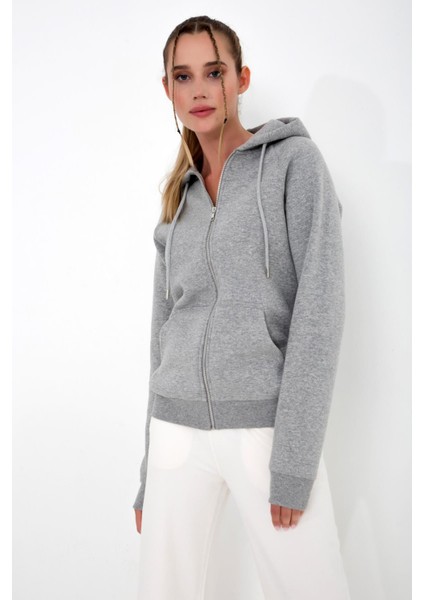 Ela Kapüşonlu 3 Iplik Fermuar Detaylı Loose Fit Örme Sweatshirt indirimleri