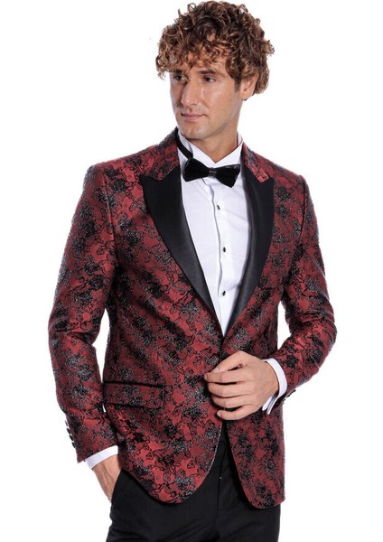 Floral Desenli Slim Fit Bordo Erkek Smokin Ceket