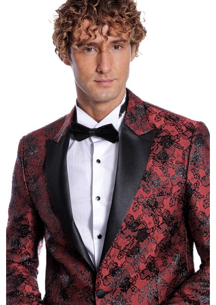 Floral Desenli Slim Fit Bordo Erkek Smokin Ceket fiyatları